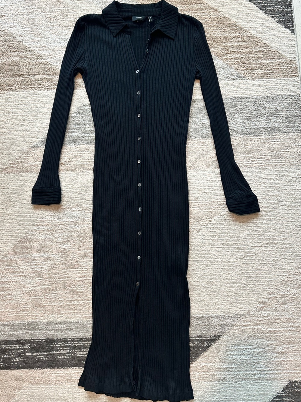 Theory Black Ribbed Collared Button-Down Long Sleeve Midi Dress Size S